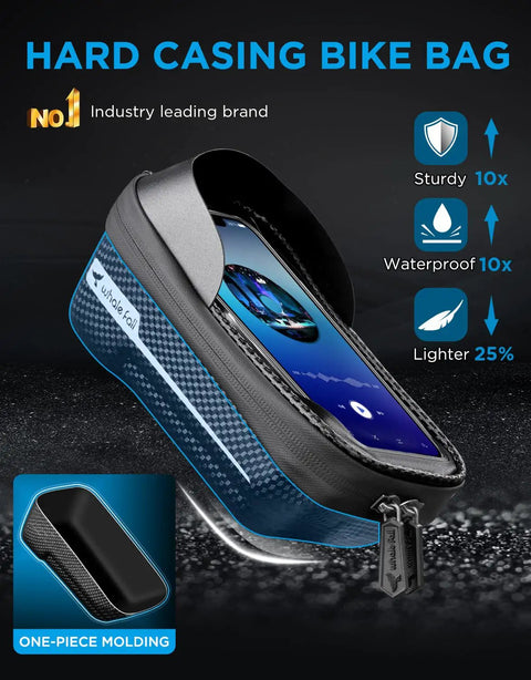 Waterproof Bike Frame Bag With 3D EVA Hard Shell And Sealed Zipper shown with blue phone inside and branded features displayed.