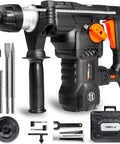 Heavy Duty 1 1/4 Inch SDS Plus Rotary Hammer Drill With 13 Amp Motor Four Function Demolition Hammer and accessories shown