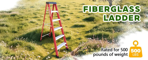 Heavy Duty Fiberglass Step Ladder Built Like A Tank With An Insanely Solid 500 Pound Weight Rating Non Conductive Design For Electricians And Weekend Warriors Doing Real Work on green grass.