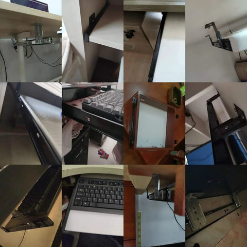 Heavy Duty Under Desk Keyboard Slide Full Extension Telescopic Track Rail with ergonomic design and keyboard mounting details.
