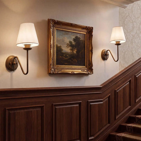 YS.ESUDSI Vintage Wall Sconces with White Handmade DIY Fabric Shade E26 on a staircase with framed artwork.