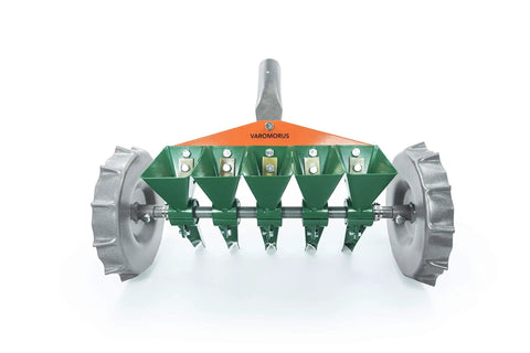 Front view of Metal Precision Manual Seeder for Vegetables Greens Onion Radish Beets 5 Row Garden Planter with Adjustable Row Spacing