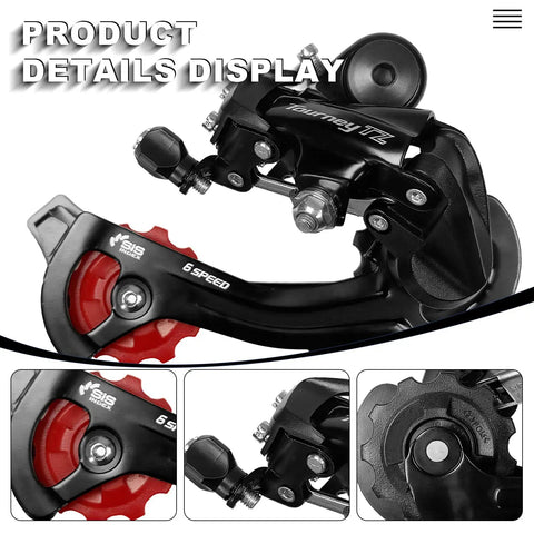 Close-up of RD-TZ500 6/7 Speed Rear Derailleur Direct Mount for Mountain and Road Bikes, showing steel body and 11T guide pulley.