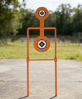 Double Spinner Auto Reset Steel Target For Handguns Up To.44 Magnum With 3.5 Inch And 4.5 Inch Targets in outdoor setting