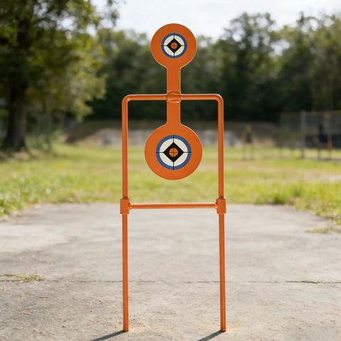 Double Spinner Auto Reset Steel Target For Handguns Up To.44 Magnum With 3.5 Inch And 4.5 Inch Targets in outdoor setting