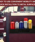 Magnetic Spray Can Holder Set Of 4 For Garage And Workshop attached to toolbox, holding aerosol cans and small tools.