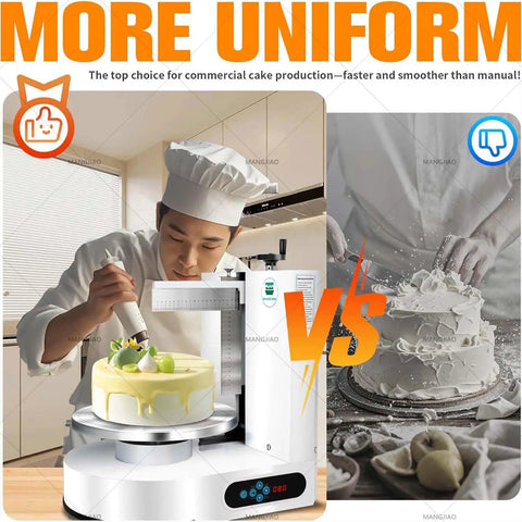 Powerful Cake Icing Smoothing Machine For Even Buttercream shown next to a chef icing cake manually, illustrating efficiency.