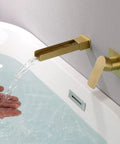 Wall Mount Waterfall Tub Faucet With Extra Long Spout, High Flow Bath Filler, Brushed Gold Finish showing water flow into tub