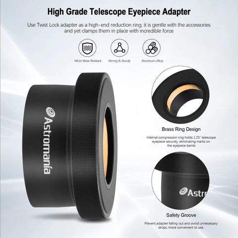 2 Inch To 1.25 Inch Eyepiece Adapter For Telescopes Twist Lock Metal Construction With Positive Lock System Delivers Centered Eyepiece And Scratch Protection For Quick And Easy Secure Fit, featuring brass ring design and safety groove