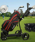 Badass Electric Golf Cart With Smart Follow Tech And Bluetooth Remote Control For Easy Fairway Gliding Compact Foldable Frame black golf cart on green grass with clubs
