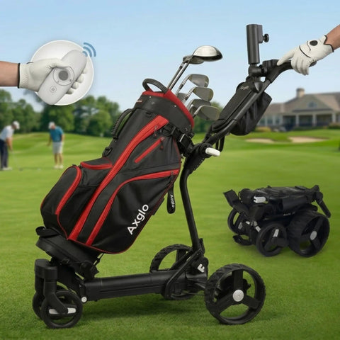 Badass Electric Golf Cart With Smart Follow Tech And Bluetooth Remote Control For Easy Fairway Gliding Compact Foldable Frame black golf cart on green grass with clubs
