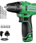 Cordless 12V Max Power Drill With 3/8 Inch Keyless Chuck, Lightweight And Compact shown with bits, charger, and battery