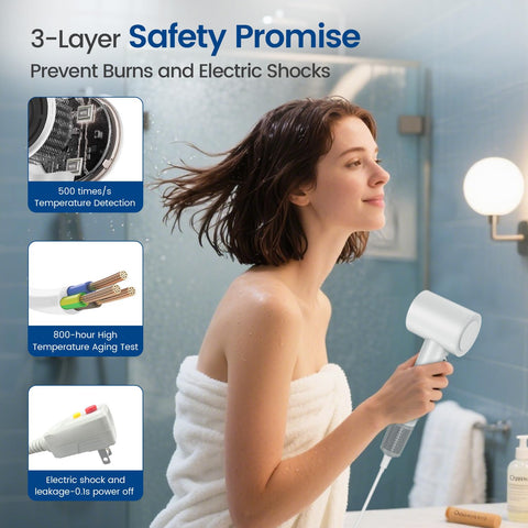 Woman drying hair with High Speed Hair Dryer With 150000 RPM Motor And 1400W Power For 1 To 5 Minute Fast Dry LED at 49 dB