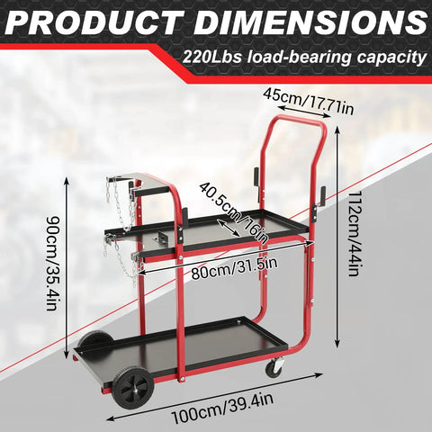 Heavy Duty Two Tier Welder Cart For TIG Arc MMA Plasma Cutters Up To 440 Lbs With Tank Safety Chains Classic Style black red