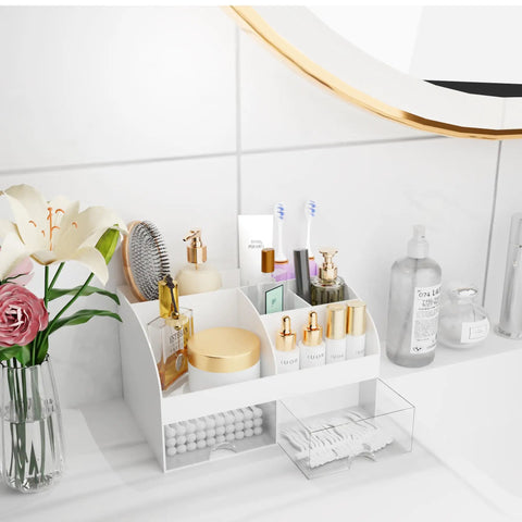 White Acrylic Makeup Organizer With Drawers For Vanity And Bathroom Counter Holds Your Glam Haul Secure Plus Multi Compartment Cosmetic Storage For Skincare And Daily Essentials, 6 cubbies with cosmetics and skincare.