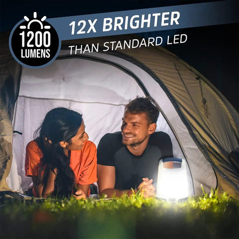 Couple with Smart Multi Color LED Lantern 1200 Lumen Rechargeable Camping Light inside a tent, showcasing brightness.