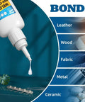 Two 3.52 Oz Tubes Oil Based Super Glue For Ceramic Porcelain Glass Metal Wood Leather And More With Instant Bond In 10 To 45 Seconds shown on various materials.