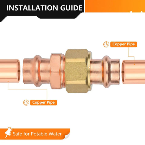 Installation guide showing Twenty Pack One Inch Copper Press Union Couplings Lead Free Quick Connect Plumbing Fittings for Type M L K tubing.
