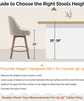 Diagram of 26-inch counter height bar stool with back beside 35-39 inch table, showing measurement guide. Set of 3 Counter Height Bar Stools with Backs, Modern Mid Century Swivel Chairs on Wood Legs, 26 Inch Seat Height for Kitchen Island, Linen Upholstery in Sand or Faux Leather Option, Built Tough, Cushy Comfort, Great for Small Spaces.