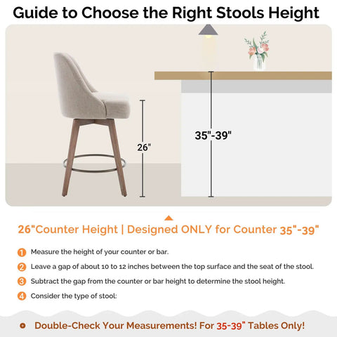Diagram of 26-inch counter height bar stool with back beside 35-39 inch table, showing measurement guide. Set of 3 Counter Height Bar Stools with Backs, Modern Mid Century Swivel Chairs on Wood Legs, 26 Inch Seat Height for Kitchen Island, Linen Upholstery in Sand or Faux Leather Option, Built Tough, Cushy Comfort, Great for Small Spaces.