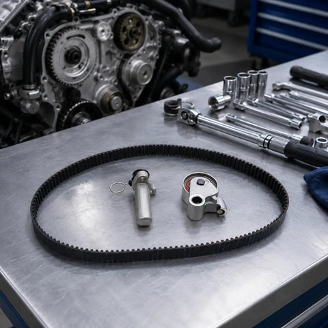 Premium Heavy Duty Timing Belt Kit With Tensioner Roller And Idler Pulleys For Lexus IS300 SC300 GS300 And Toyota Supra 3 0L 2JZ Matched Oem Specs To Restore Peak Power While Keeping Your Ride Cruising Smooth As Silk Until The Next Fix. Timing belt, tensioner, and idler pulleys on a workbench.