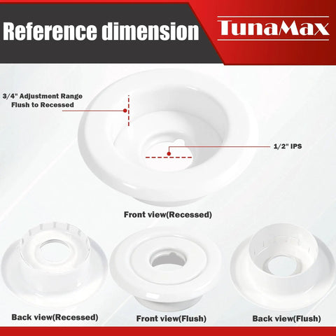Top Shelf Recessed Trim Rings For 1/2 Inch IPS Fire Sprinklers Featuring A Slick White Finish And Rock Solid Build With Zero Hassle Install For Home Or Shop Projects - front view and back view images.