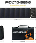 Road Trip Ready No Sweat Foldable Solar Panel 42W Portable Charger dimensions with waterproof case and carrying handle.