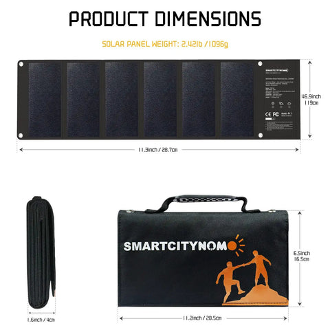Road Trip Ready No Sweat Foldable Solar Panel 42W Portable Charger dimensions with waterproof case and carrying handle.