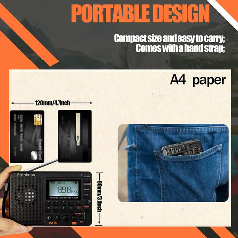 Compact Digital Shortwave Radio With AM FM SW Bands sized against credit card, fits in jeans pocket, portable design