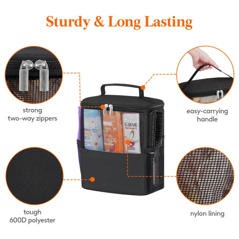 Quick Dry Mesh Shower Caddy For Dorms, Gym, Travel And Camping, with strong zippers, easy-carry handle, and 600D polyester
