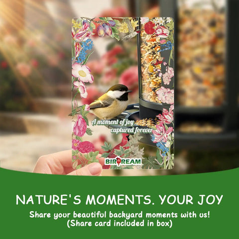 Decorative card with bird feeder illustration, featuring a chickadee and floral designs, emphasizing bird watching enjoyment.