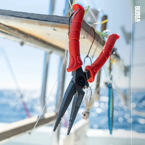 8.5 Inch Stainless Steel Pliers With Non Slip Handle, Spring Loaded, Crimp Tool, Side Cutters, Anvil Cutters, Lanyard Hole And Sheath, TiN Coated For Extra Durability And Rust Resistance hanging on boat