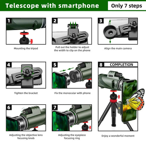 12X 60mm Monocular with Phone Adapter, Tripod and Strap for Bird Watching, Hiking, Concerts, Sports, Travel and Grab and Go Scenic Views, BAK4 Prism for Clear HD Imaging, Lightweight Night Vision Friendly, All Purpose Monocular setup steps with tripod and phone clip