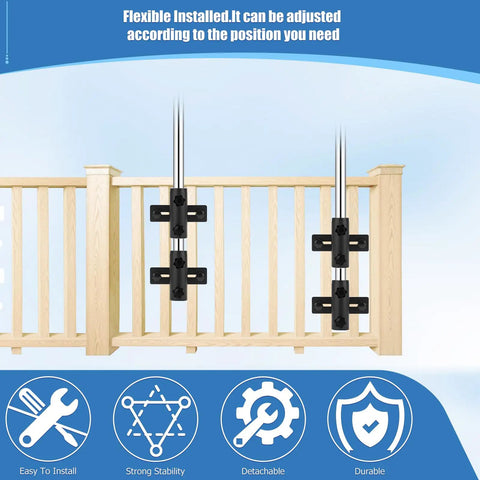 Rugged Deck Railing Umbrella Stand Clamp on wooden patio fence showing adjustable parasol holder for outdoor use