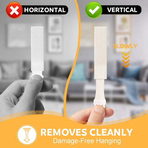 Heavy Duty Picture Hanging Strips Solid As A Rock For Wall Frames And Decor, Zero Wall Damage, Super Durable Adhesive Holds Firm Without Any Nails, No Sweat Installation, Bright White - showing vertical and horizontal installation guidance.