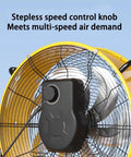 Heavy Duty 220V Cylindrical Floor Fan With Adjustable Tilt And Rolling Casters For Factory Ventilation And Refrigeration Cooling Rock Solid Steel Build showing stepless speed control knob.
