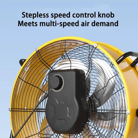 Heavy Duty 220V Cylindrical Floor Fan With Adjustable Tilt And Rolling Casters For Factory Ventilation And Refrigeration Cooling Rock Solid Steel Build showing stepless speed control knob.