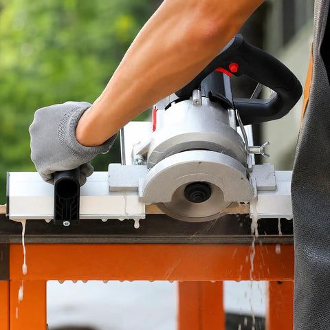 Premium Electric Tile Bevel Cutter For Slick 45 Degree Chamfers On Ceramic And Marble With Hassle Free 1 To 3 Mm Edge Depth Adjustments For Boss Level Tile Projects At Home in use on stone slab.