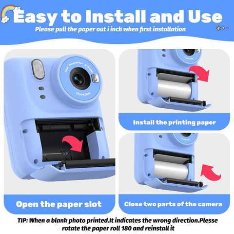 10 Rolls BPA Free Thermal Paper For Kids Instant Cameras, easy-install paper roll in blue kids camera slot