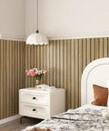 Bedroom with 3D Brown Wood Wall Panels Peel And Stick Acoustic Slat Paneling For Bedroom Living Room Office DIY Friendly Easy Install Self Adhesive Veneer Wood Slats For Sound Dampening And Modern Decor 197 X 11.8 In.