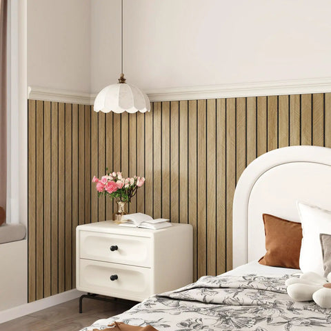 Bedroom with 3D Brown Wood Wall Panels Peel And Stick Acoustic Slat Paneling For Bedroom Living Room Office DIY Friendly Easy Install Self Adhesive Veneer Wood Slats For Sound Dampening And Modern Decor 197 X 11.8 In.