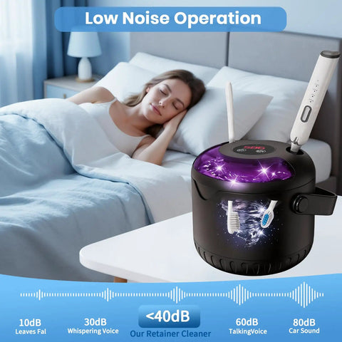Top Tier 45kHz Ultrasonic Retainer Cleaner Machine For Dentures Night Guards And Mouthguards on bedside table with toothbrushes.