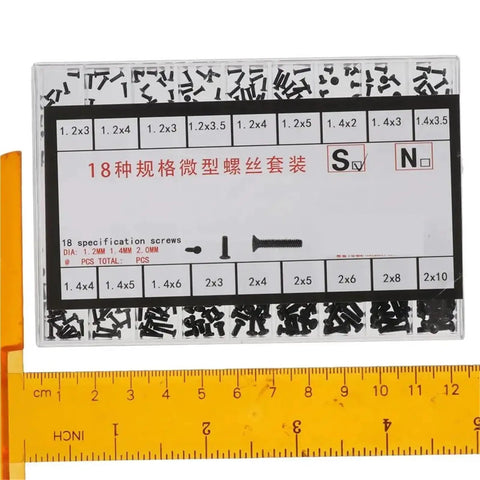 Premium Black Stainless Steel Micro Screw Assortment Kit Comes With Four Bulletproof Sets Of Eighteen Precision Fastener Sizes view with labeled sections.