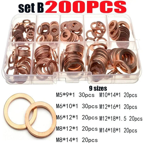 Killer Flat Copper Washers And Gasket Kit With Heavy Duty Bolts And Nuts Size M8 To M14 Fits Car Sump Plug Oil Drain Easily And Securely Heat Proof Construction Ensures Reliability For Mechanic Guys Doing Home Garage Projects At Low Cost. 200pc copper washer kit, 9 sizes