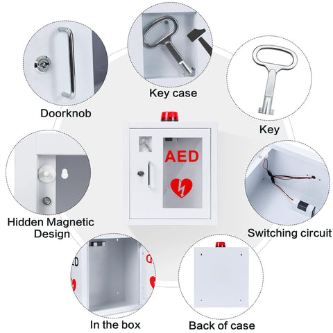 AED cabinet, stainless steel wall-mounted first-aid storage with snap-lock, alarm and light
