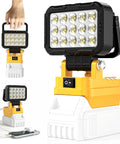 6000 Lumen 40W LED Work Light Cordless Jobsite Flood Light With Dual USB A Charging Ports shown handheld and charging device