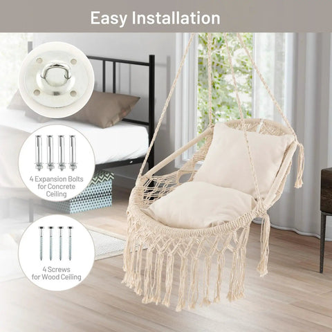 Macrame Swing Chair For Indoor Outdoor Living, Heavy Duty Hanging Porch Swing With Soft Cushions, Cotton Rope And Hardware Kits, Supports Up To 330 Lbs, Oval Hammock Style Chair For Patio Balcony Beige in bedroom setting with installation components displayed