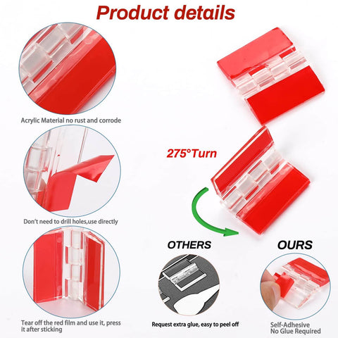 12 Pack Acrylic Self Adhesive Clear Hinges Small Transparent Continuous Hinge For Cabinets Drawers Furniture DIY Display Stands 35 By 25 Mm Rotates 275 Degrees shown with adhesive feature and rotation detail.