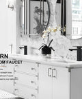 Modern bathroom with marble countertop featuring a matte black single handle bathroom sink faucet in stainless steel vanity with pop up drain stopper and flexible water supply hoses made for everyday brushing teeth and quick cleanups in modern homes.