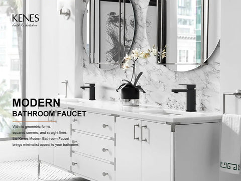 Modern bathroom with marble countertop featuring a matte black single handle bathroom sink faucet in stainless steel vanity with pop up drain stopper and flexible water supply hoses made for everyday brushing teeth and quick cleanups in modern homes.